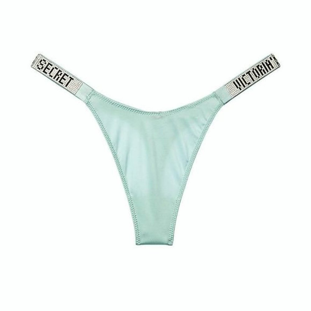 VICTORIA'S SECRET Brazilian Logo Shine Strap Thong Panty Satin Hazy Mint L XL